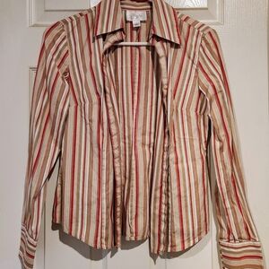 Ann Taylor LOFT Striped Button-Down Shirt- Khaki/Red
